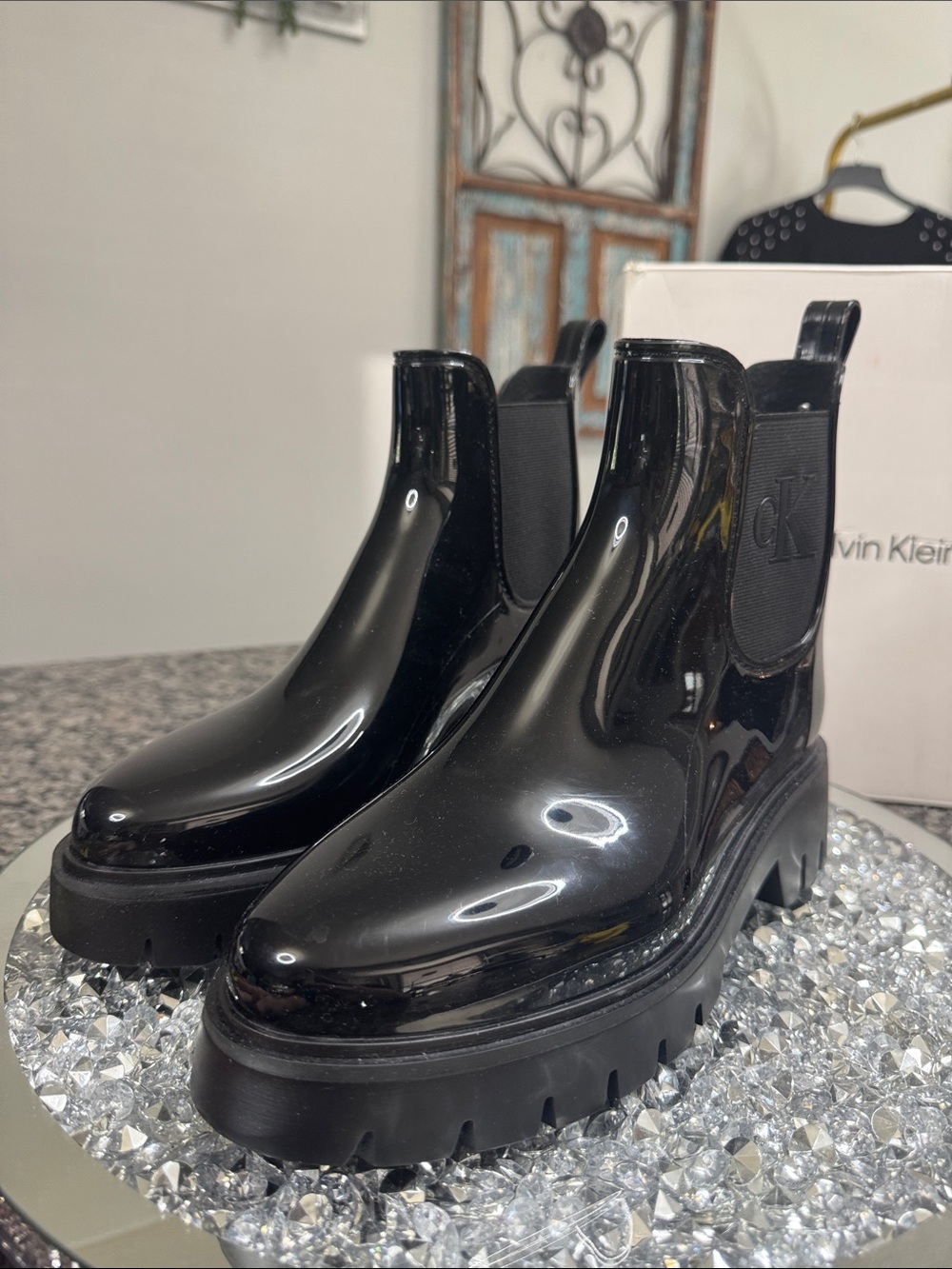 Calvin Klein Wende Black Patent Chunky Chelsea Rain Boots NEW 9 - Picture 6 of 14